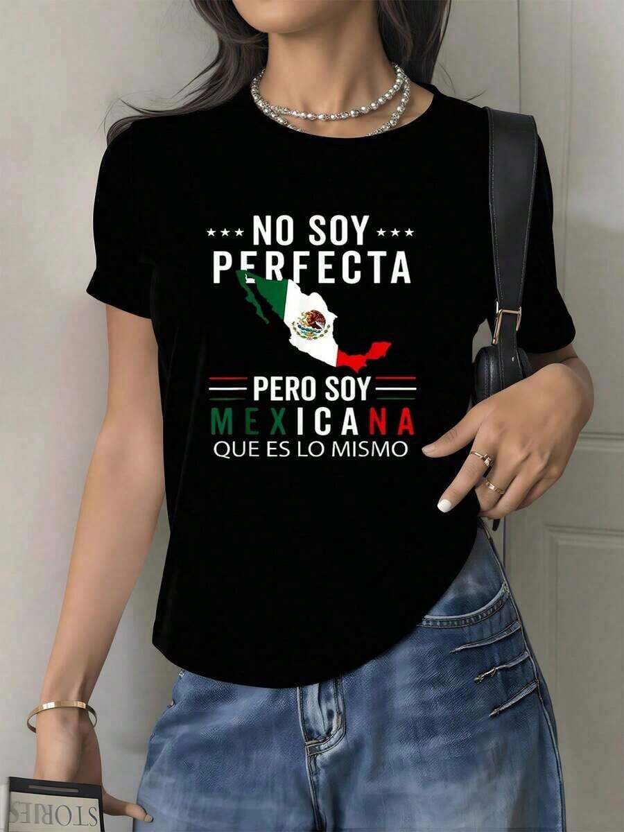 Mapa de México con bandera nacional y frase que expresa orgullo y autenticidad femenina mostrando amor por el país y confianza personal camiseta para mujer 100% algodón - Negro - Ver 1