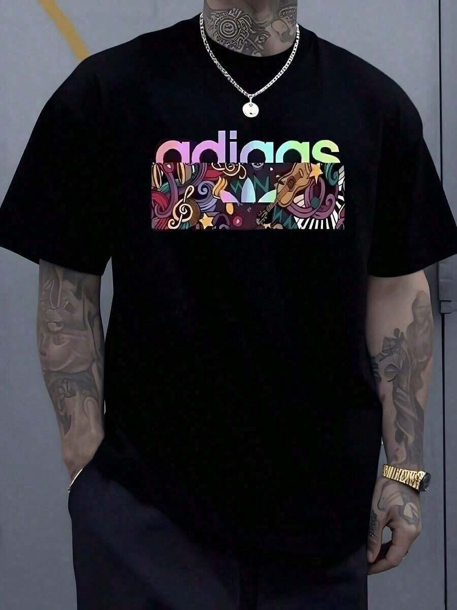 Colorida combinación de formas musicales que simbolizan alegría libertad y energía positiva con notas flotantes guitarras y destellos que evocan ritmo y pasión camiseta de hombre talla grande 100% algodón 220g - Negro - Ver 1
