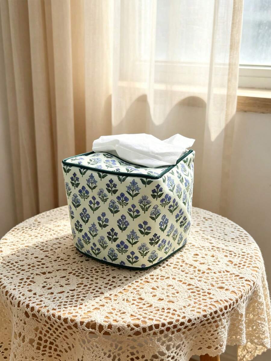 Cubierta estética para caja de pañuelos con estampado floral, soporte cuadrado y suave reutilizable para servilletas de estilo bohemio, adecuado para el hogar, la cocina, el comedor, el baño, la oficina, la cafetería y el spa, regalo ideal para la primavera y el Día de la Madre - Caja de pañuelos verde - Ver 1