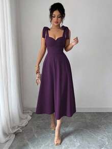 elegante y romántico para mujer con lazo decorativo en la cintura y corte evasé sin mangas - Morado - Ver 7
