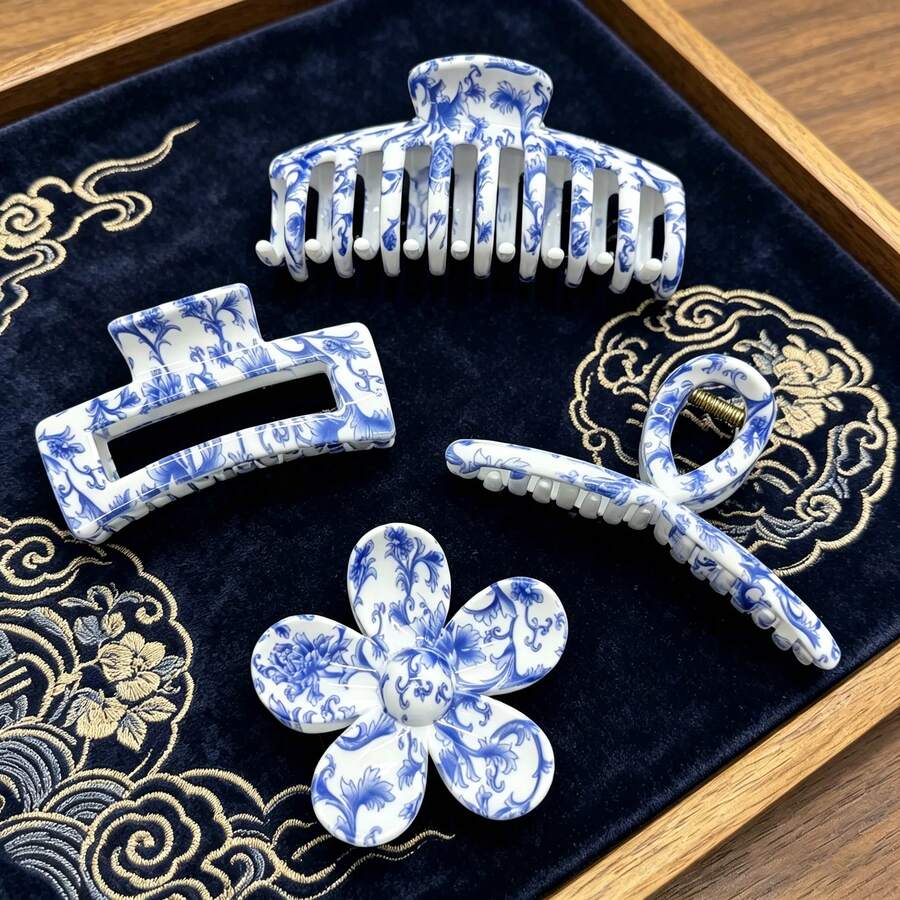 4个多色中国风印花发夹，复古中国风发饰，适合通勤和约会 - 彩色 - 查看 1