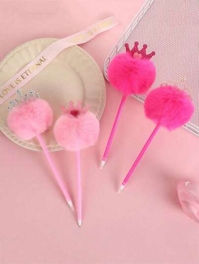 2pcs Heart Crown Ballpoint Pen, Pink Fluffy Ball Pen, Fun Writing Supplies For Students, Christmas Small Gift, Back To School, Heart Crown Fluffy Ball Pen, Pink Fluffy Ballpoint Pen, Student Stationery, Promotional Creative Prize, Learning Gift