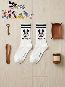 Disney 1雙復古迪士尼米奇與好友圖案中筒襪，中性條紋中筒襪，情侶襪套組 - 黑色 - 查看 9