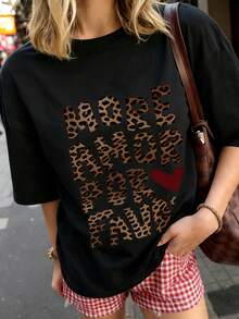 Women's Summer Fashion Short Sleeve T-Shirt Casual Outdoor Fashion 'Letter' Printed Loose Casual Women's T-Shirt - 黑色 - 查看 2