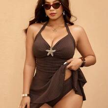 Elaquor Plus Size Women Metal Starfish Decor Halter Swimdress With Swimshorts Spring Beach Vacation Outfit Women Spring Swimdress For Women - Negro - Ver 5