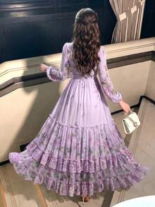 Women's Elegant Modern Romantic Floral Print Long Sleeve Ruffle Patchwork Design Luxurious Swing Dress With Ruffled Hem - Mauve Purple - View 6