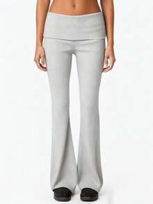 Women's Flared Pants Stylish Solid Color Ribbed Fold-down Waist Design Casual Slim Fit Bell Bottoms - Gris Claro - Ver 2