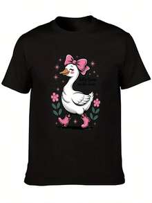Camiseta Nueva de Primavera/Verano/Otoño 2026 - Camiseta casual de verano de manga corta y cuello redondo con estampado de pato lindo y lazo rosa (Silly Goose on Run) - Top negro lavable aáquina. - Negro - Ver 4