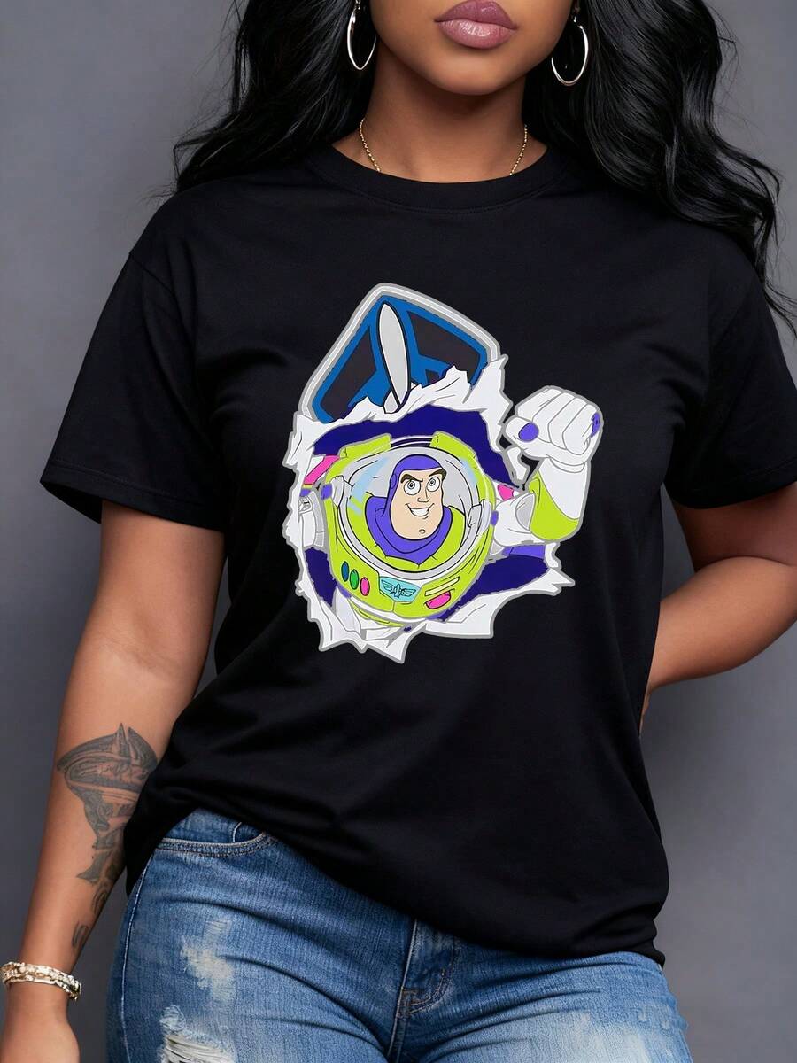 Colorful Astronaut Figure Emerging From A Surface Symbolizing Courage, Adventure, And The Desire To Explore New Worlds. Modern, Comfortable, And Eye-Catching Women's T-Shirt For Everyday Wear. - 黑色 - 查看 1