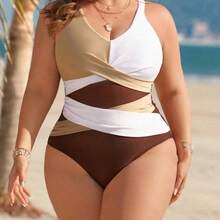 Swim Lushoire Elegant Plus Size Colorblock High Waist Swimsuit Sleeveless Plunge Neck Design - Multicolor - Ver 2