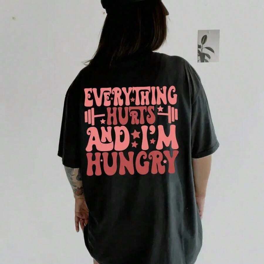 Camiseta 100% Algodón con Diseño Estampado Casual para Mujer, Camiseta 'Todo Duele y Tengo Hambre', Camiseta para Gimnasio y Entrenamiento, Camiseta de Color Cómodo para Club de Gimnasio, Camiseta para Amantes del Gimnasio, Camiseta para Levantamiento de Pesas en el Gimnasio, Camiseta 'Pump' para Amantes del Gimnasio 2026, Tops de Verano, Ropa de Uso Diario para Mujer - Negro - Ver 1