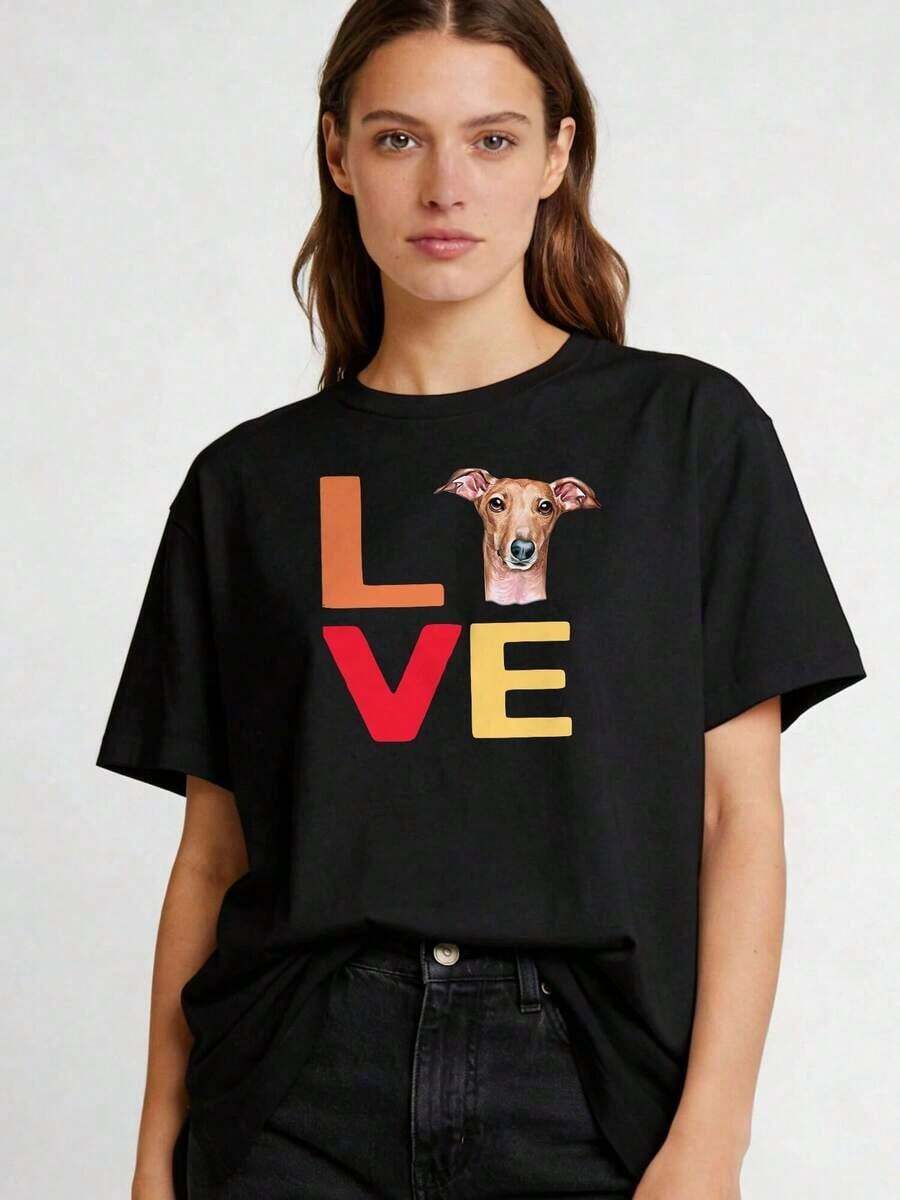 Camiseta Gráfica de Talla Grande para Mujer con Diseño de Perro Galgo Italiano "I Love My Pet" - Cuello Redondo Casual, Manga Corta, Corte Holgado, Fibra de Poliéster, Lavable a Máquina, Estampado Vibrante y Colorido, Perfecta para Conjuntos de Verano, ropa de calor mujer, blisas de mujer, S-3XL - Negro - Ver 1