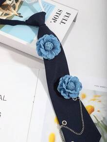 1pc Women's Denim Flower Chain Detachable Tie, Collegiate Style Shirt Accessory - Navy Blue - View 3