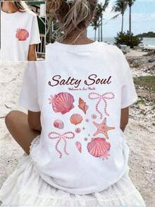 Gift2026 Primavera/Verano Nueva Camiseta de Mujer de Manga Corta con Cuello Redondo, Estampado Artístico de Concha Marina y Estrella, Estilo de Vacaciones en la Playa Casual, Estampado Doble CaraSoft - Negro - Ver 5