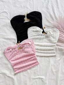 WYWH 3 piezas Top de camisola corta texturizada de punto para mujer con decoración de hebilla metálica con forma de corazón hueco, ajustada y estilizadora, adecuada para Navidad, cita nocturna, discoteca, playa, crucero, té de la tarde, estilo bohemio, vacaciones - Multicolor 4 - Ver 2