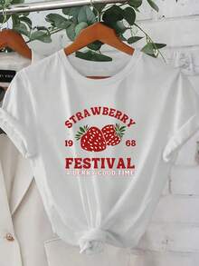 Camiseta de cuello redondo estilo coreano casual y elegante de moda con patrón creativo de Festival de Fresas de Verano 2025 - Blanco - Ver 6