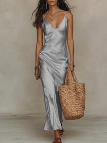 Women's Knit Sweater And Satin Slip Dress Two-Piece Set With - Gray Suit - View 3