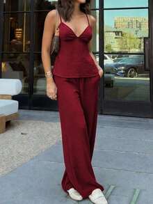 Conjunto de 2 piezas para mujer : Top de camisola elegante y pantalones holgados con cordón, camisola de lino con escote en V profundo y diseño sin espalda, y pantalones de cintura relajada, conjunto sexy, lindo y elegante para el verano - Burdeos - Ver 10
