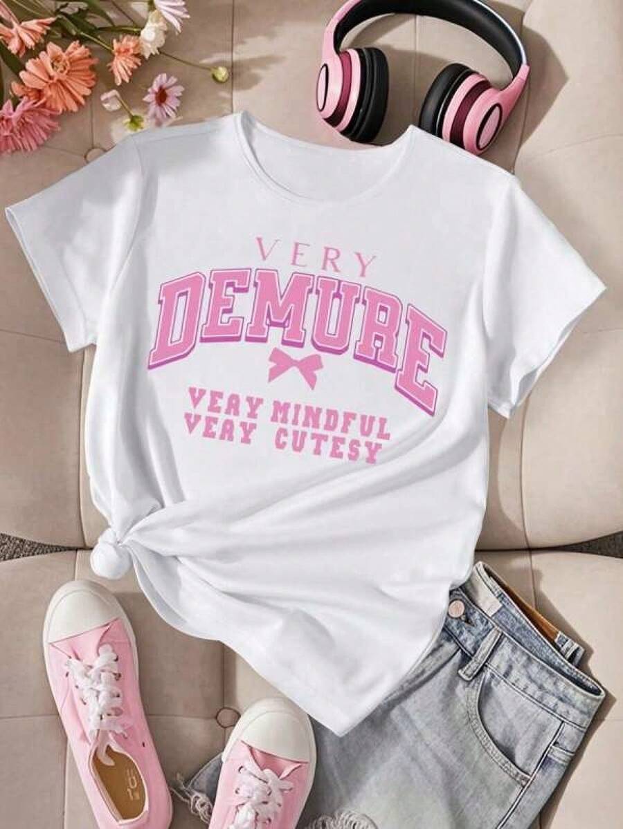 Teen Girls' Casual Letter Print Round Neck Short Sleeve T-Shirt,Classic Pure Cotton Short Sleeve Tee, Casual Everyday Loose Style For Women Young Female, Soft Breathable Fabric For Campus Streetwear Holiday Leisure Outdoor Activity Small Casual Party WearRopa De Mujer / Ropa De Mujer De Uso Diario / Blusas, Camisas Y Camisetas De Mujer / Camisetas De Mujer Ropa Deportiva Basicos Mujer Short Playeras Para Hombre - Blanco - Ver 1