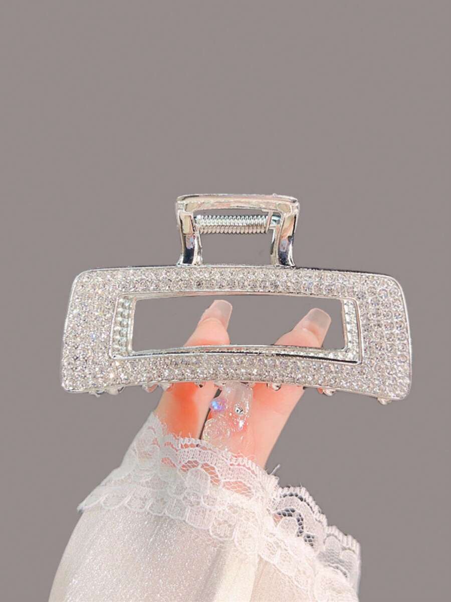 1pc Rhinestone Hollow Square Alloy Hair Claw Clip, Elegant Luxury Shiny Hair Claw Design For Everyday Updo, Minimalist Chic Hair Accessory Beach Hair Clips Vacay Hair Clutch - Silver - View 1