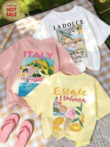 Set de Choose 1 item from 3 colors camisetas de manga corta de cuello redondo con estampado gráfico de paisaje sencillo, de estilo casual y versátil para mujer - Blanco - Ver 1