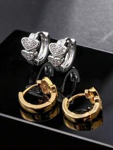 1 Đôi bông tai thời trang đính đá Cubic Zirconia lấp lánh dành cho nữ; Thiết kế hình trái tim, bông tai mạ vàng đồng; Bông tai mạ bạc, lý tưởng để đeo hàng ngày và làm quà tặng ngày Valentine. - Bông tai hình trái tim - Xem 3