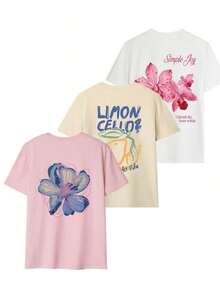 Set de 3 camisetas de mujer de manga corta con cuello redondo y estampado floral, de estilo casual y versátil, color rosa - Blanco - Ver 3