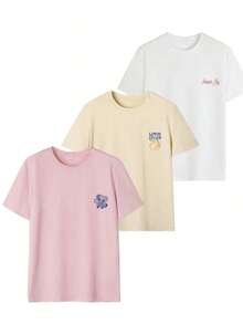 Set de 3 camisetas de mujer de manga corta con cuello redondo y estampado floral, de estilo casual y versátil, color rosa - Blanco - Ver 4