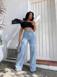 SJD MODA LADY Wide Leg Jeans For Young People, Women's Wide Leg Jeans, Flare Jeans, Mom Jeans Without Elastane, Ripped Cut Hem, Straight, Casual, Simple, Sensual, Skinny, With Button Zippket, Trendy Top Jeans, Romantic, Retro, Casual, Chic, University, Minimalist, Versatile, Korean, Y2k, Teenager, Youth - 淺色水洗藍 - 查看 5
