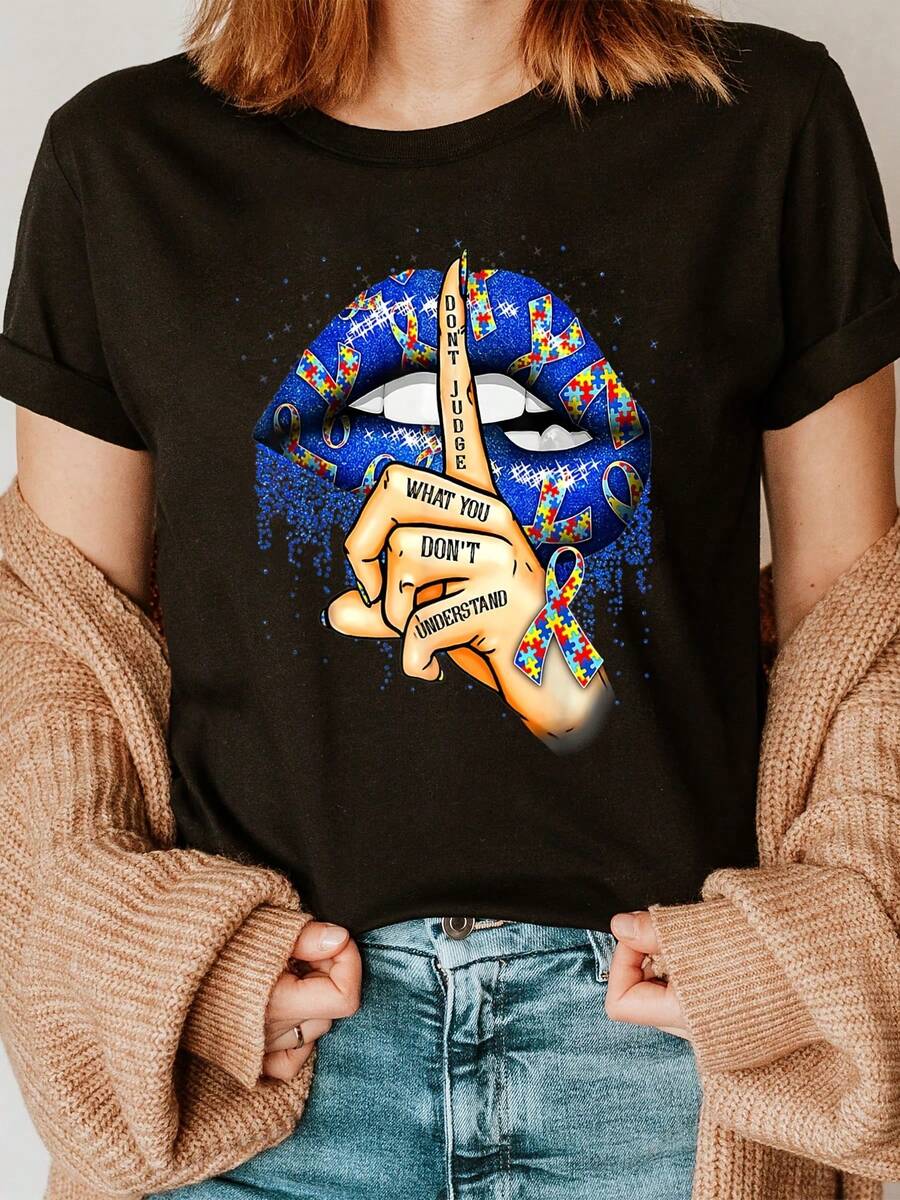 Playera de cuello redondo con estampado de conciencia del autismo, blusa casual de manga corta para verano y primavera, ropa de mujer - Negro - Ver 1