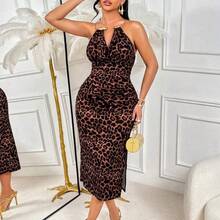 Amarilo Sexy Leopard Print Sleeveless Collared Dress With Metal Collar Ring - Fitted Women's Fashion Party, Vacation, And Everyday Dress - Negro - Ver 6