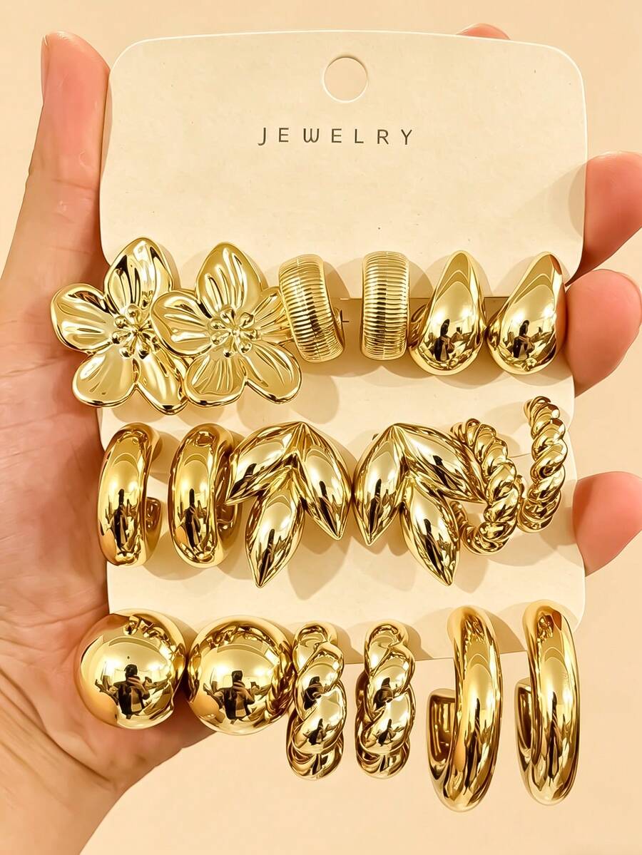 6/18pcs Set Thick Gold Tone Earrings Set, Low Allergy Thick Gold Tone Earrings For Women, Fashionable Earrings Set With Multiple Elements, Made Of ABS Resin, Lightweight And Easy To Carry, UV Plated Gold, Non-Fading - Gold - View 1