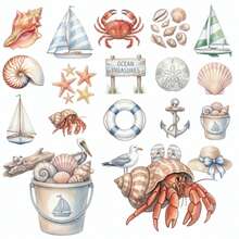 Autocollants décoratifs / Autocollants de série aquarelle plage voilier coquillage, autocollants de thème océan d'été pour journal, autocollants de scrapbooking - Autocollants décoratifs sur le thème de l'océan 2 - Voir 8