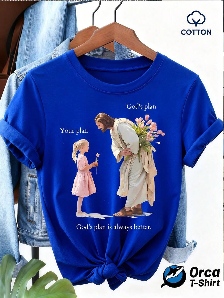 Camiseta de algodón 1ps con estampado floral de Jesús y niña, temática religiosa, top de manga corta holgado para mujer, ropa casual para uso diario, diseño moderno y sencillo, camiseta de algodón marca Orca 2026. - Azul - Ver 1