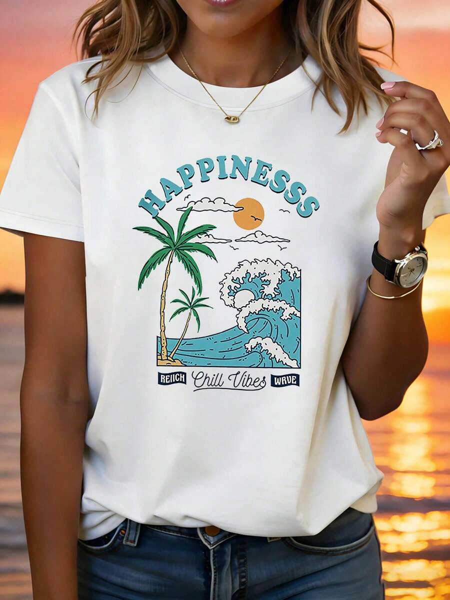 Talla Grande - Talla Grande - Un diseño con elementos de palmeras de coco, olas del océano y atardeceres con eslogan como 'Felicidad' y 'Ambiente Relado'; una camiseta elegante e casual de cuello redondo para mujeres de talla grande, perfectara uso diario, compras