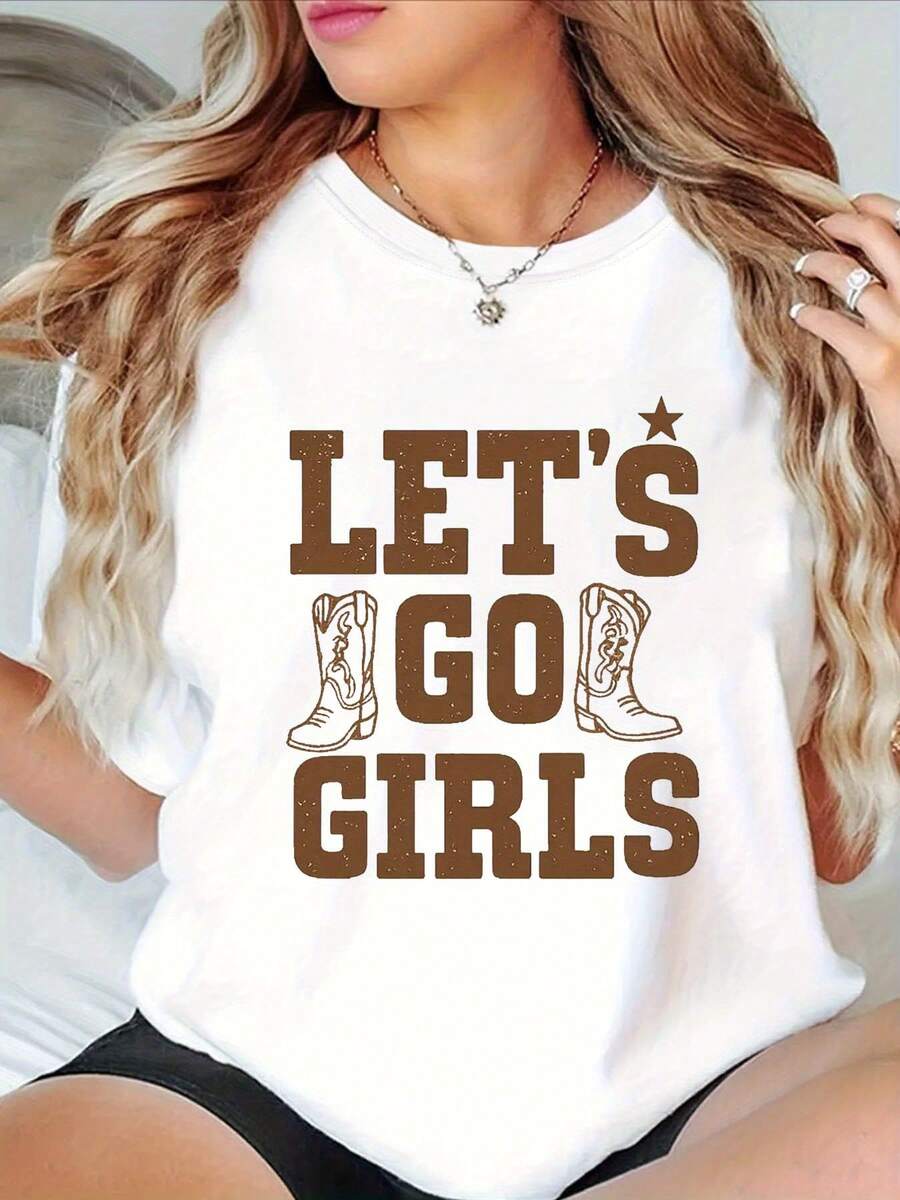 Talla Grande, Camiseta Gráfica de Estilo Vaquero Occidental para Mujer - Estampado 'LET's GO' y Botas de Vaquero, Top Casual de Manga Corta con Cuello Redondo y Letras Occidentales, Ropa de Primavera Verano para Salir de Noche, Fiesta Temática Vaquera, Lavable a Máquina, Ajuste Cómodo, Tela Elástica para Atuendo Casual, Corte Relajado con Diseño de Botas de Vaquero y Herradura, Perfecta para Salidas Casuales y Eventos Temáticos Occidentales, Camiseta Y2k - Blanco - Ver 1
