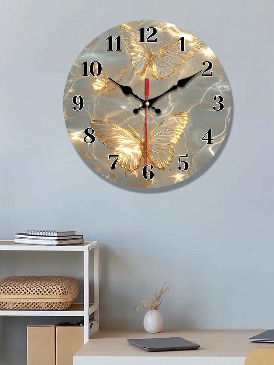 1pc Fantasy Golden Butterfly Wall Clock, Battery Operated, Wooden Frame, Analog Display, Ideal For Living Room, Bedroom, Kitchen, Office Decor, Perfect Gift For Holidays And Celebrations (AA Battery Not Included), Butterfly Decorations - Multicolor - View 1