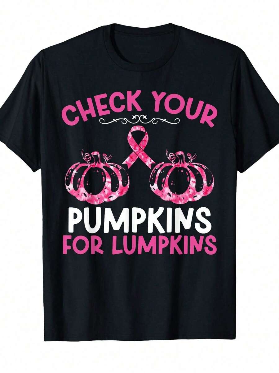 Camiseta de Halloween para mujer con diseño de calabazas para la conciencia sobre el cáncer de seno |     100% algodón, cuello redondo cómodo, mangas cortas, tallas S-xxxl, lavable a máquina, ideal para vacaciones |     Transferencia de calor digital, estilo casual - Negro - Ver 1