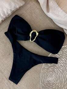 Nuevo conjunto de bikini negro sólido, sexy, elegante, casual, para playa, vacaciones y citas, sin tirantes, para primavera/verano - Negro 2 - Ver 6