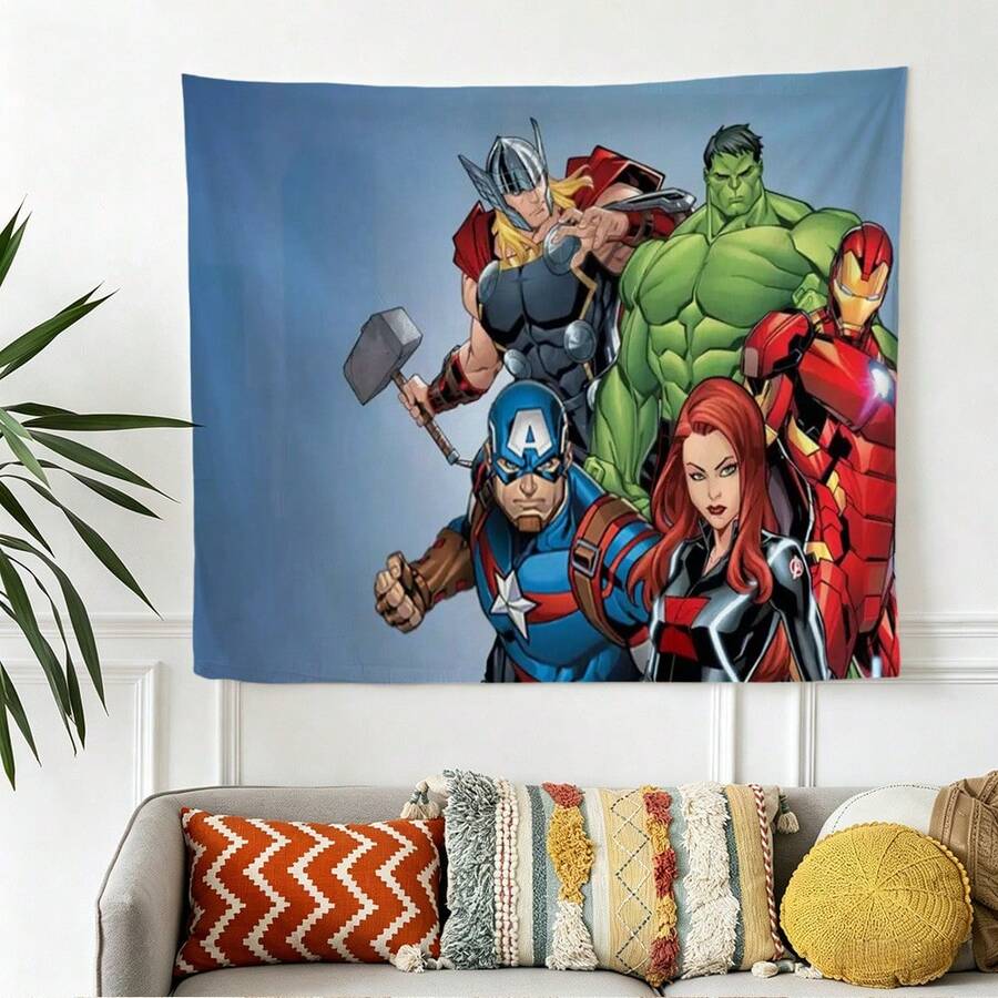1pcs Cartoon A Vengers S Uperhero Wall Tapestry Backdrop, Iron Man C Aptain America S Piderman Party Decorations For Photo Booth, Cute Hero Team Photography Background, Living Room Bedroom Aesthetic Wall Decor, Outdoor Indoor Celebration Banner, Backyard Party Photo Prop Supplies, School Event Poster Decor, Home Dormitory Wall Hanging Art - 多色-A - 查看 1