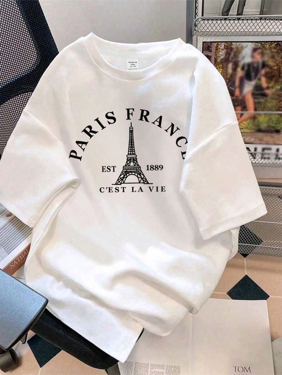 Camiseta holgada de manga corta con cuello redondo y estampado de la Torre Eiffel "PARIS" en blanco, adecuada para la temporada deportiva en París - Blanco - Ver 1