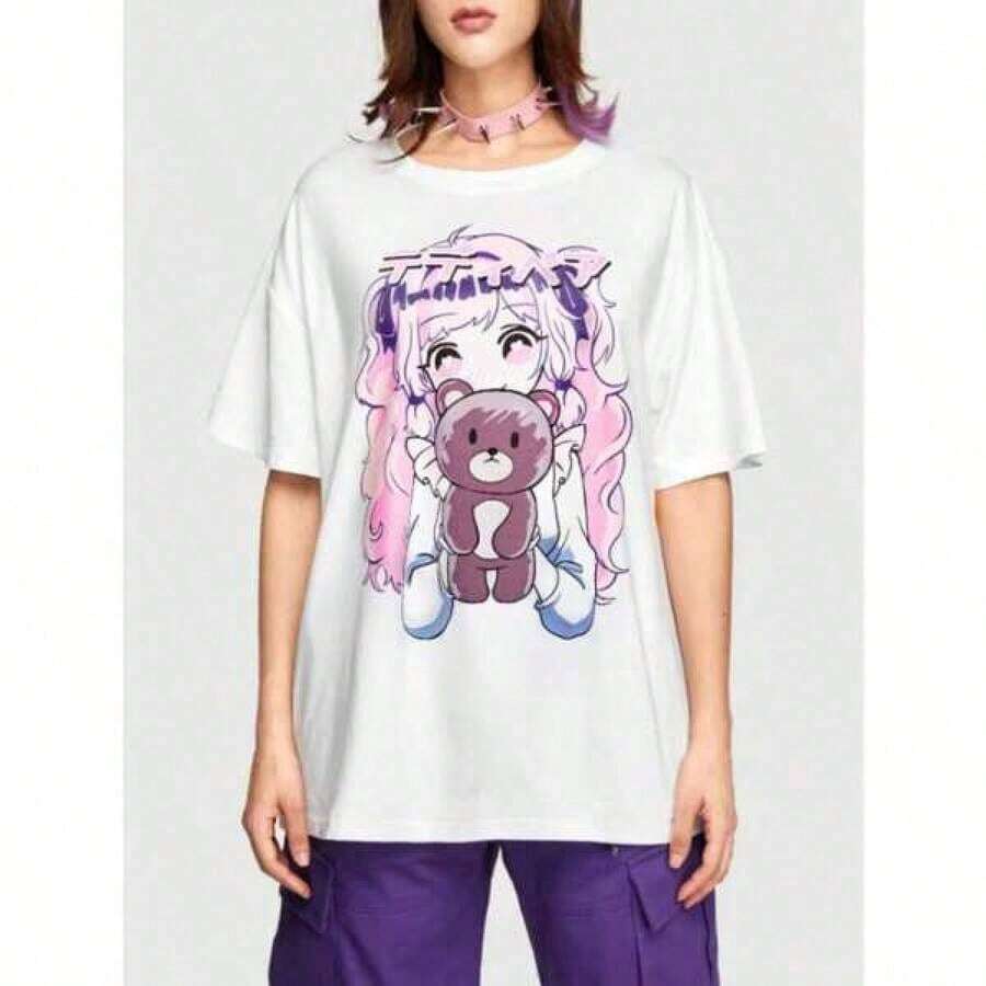 Camiseta de mujer con estampado de anime, linda, de manga corta, casual, cuello redondo, patrón de chica de dibujos animados, ropa minimalista blanca para mujeres, camiseta de mujer con estampado de anime, linda, de manga corta, casual, cuello redondo, patrón de oso de dibujos animados, ropa minimalista blanca para mujeres, impresión geométrica, ajuste regular, tejido elástico, diseño inspirado en anime divertido, adecuada para edades de 4 a 14 años. - Negro - Ver 1