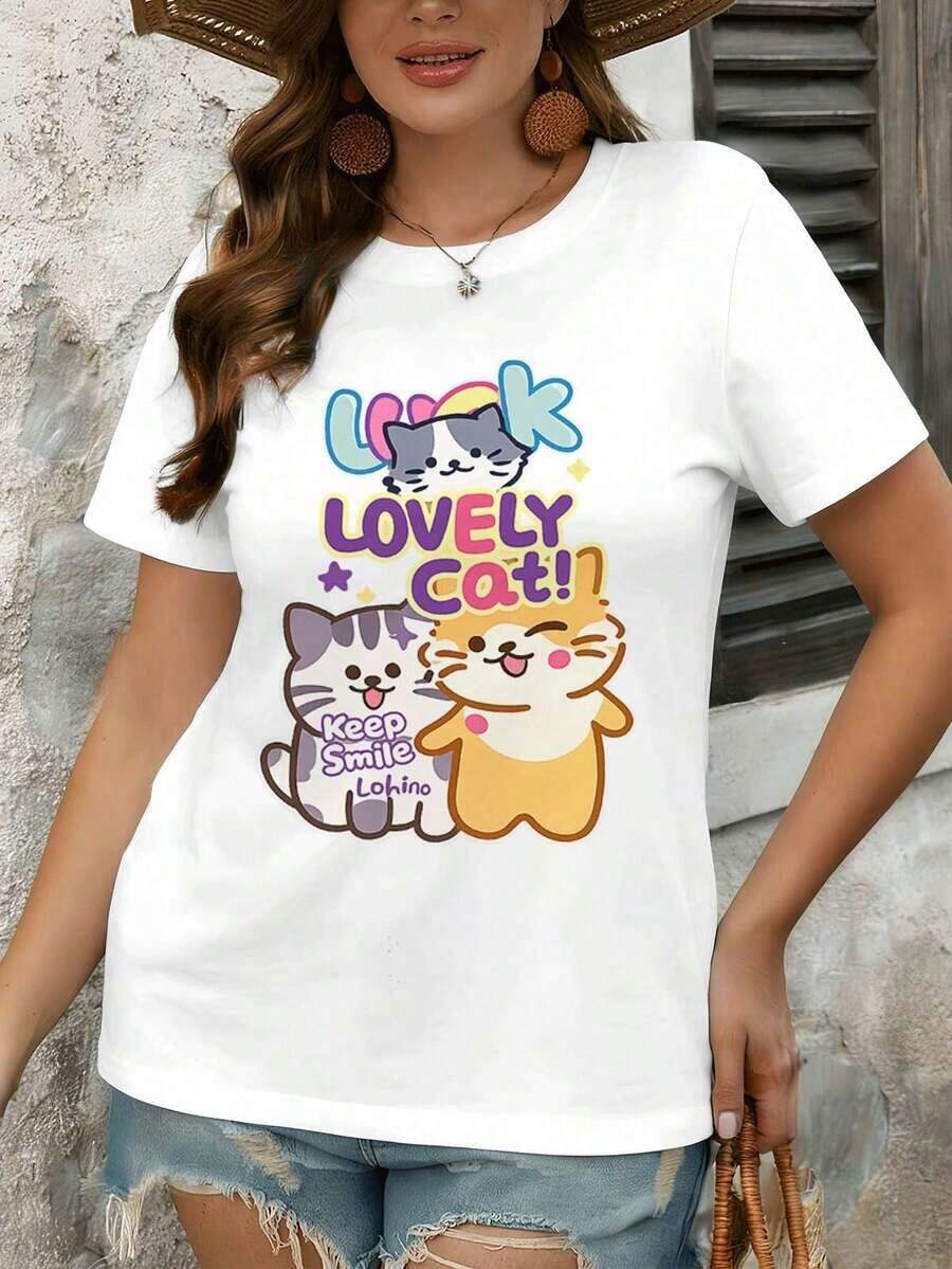 Camiseta de mujer con estampado de gato de dibujos animados, algodón suave, cuello redondo, corte holgado, cómoda, estampado artístico. - Negro - Ver 1