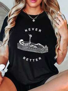 1 camiseta de mujer de talla grande, estilo casual, cuello redondo, para primavera/verano, con estampado de una calavera en un cofre y el pulgar levantado con la frase "NEVER BETTER", 180g, 100% algodón. - Negro - Ver 6