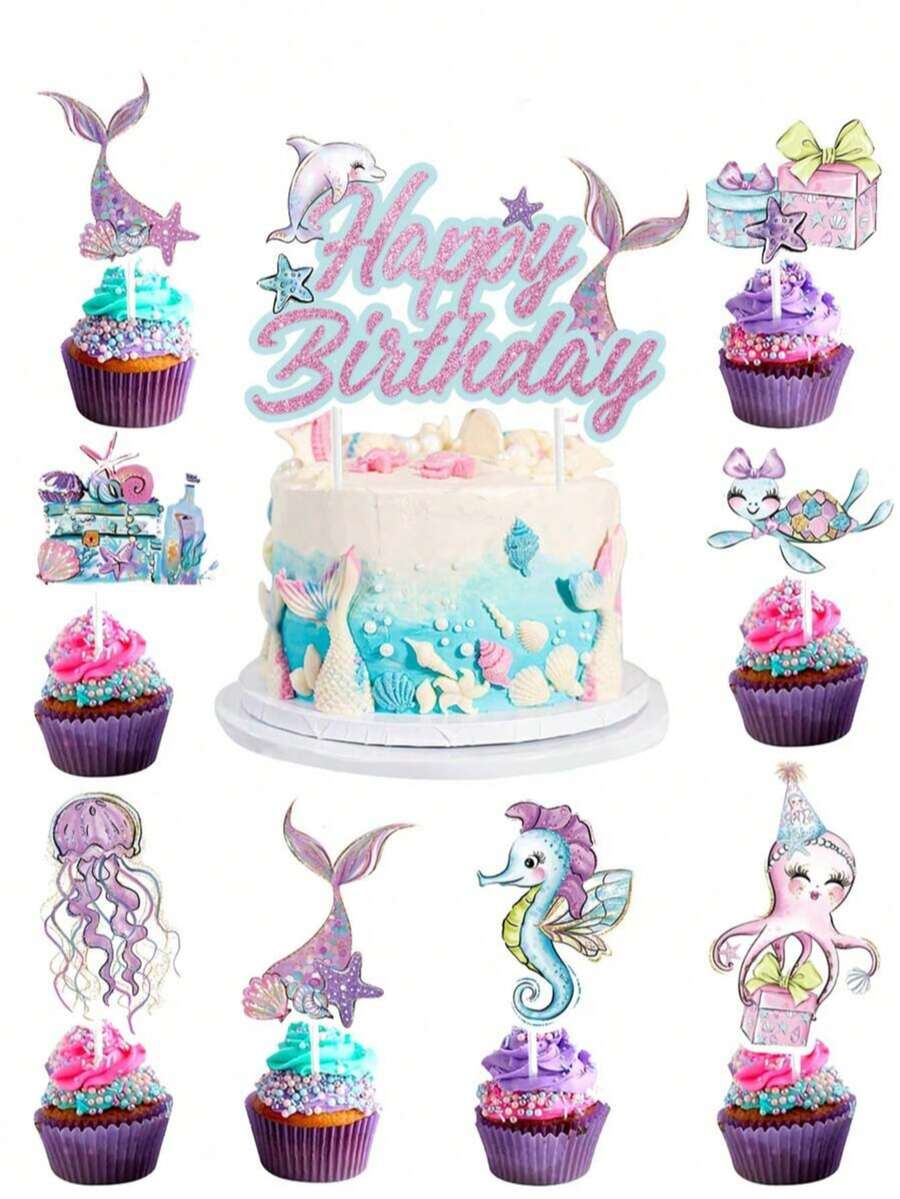 17件套美人鱼蛋糕装饰套装，海洋主题生日快乐甜点装饰签，包含美人鱼、水母、海豚、海马图案，紫色和蓝色纸质装饰，生日和夏季海洋主题派对用品，甜点桌装饰 - 多色 - 查看 1