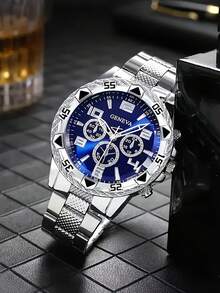 Bộ 3 món thời trang công sở dành cho nam giới, bao gồm một đồng hồ bấm giờ ba kim mặt xanh bằng thép không gỉ, một ví da dập nổi họa tiết kim cương và một bút ký công sở. Đồng hồ có dây đeo bằng thép không gỉ màu bạc kết hợp với mặt số bấm giờ ba kim màu xanh, toát lên vẻ chuyên nghiệp và ổn định; các phụ kiện cùng bộ cũng mang tông màu đen và bạc, với ví da dập nổi họa tiết kim cương mang lại vẻ cao cấp. - Bạc - Xem 5