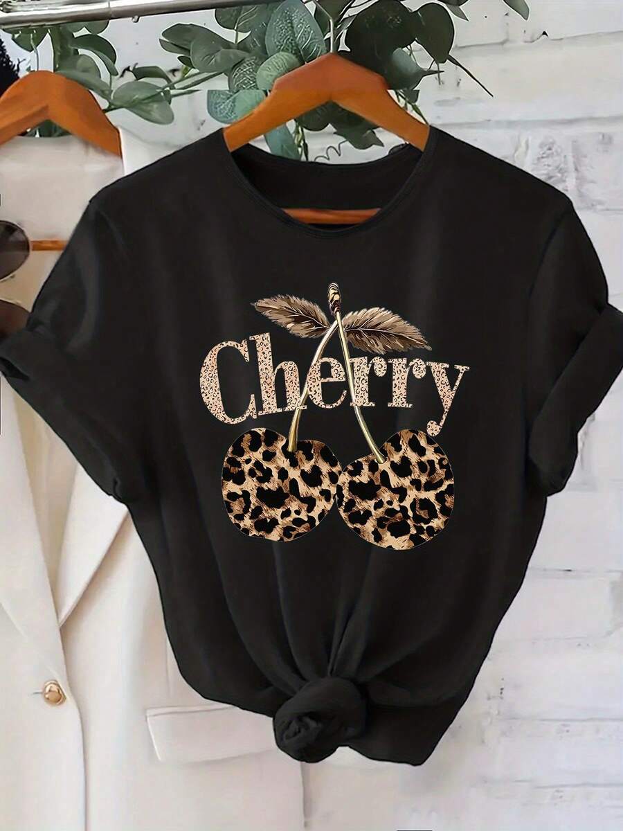 Ropa casual esencial, hermosa y a la moda para mujer, con estampado de leopardo y cerezas, transpirable, suave, para deportes, fiestas, linda, elegante, de moda, para el hogar, casual, de cuello redondo, manga corta, de algodón suave, para uso diario en verano. - Negro - Ver 1