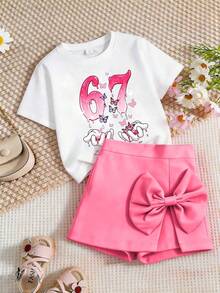 Set de 2 piezas de camiseta de manga corta con estampado del número 67 y falda con lazo para niñas preadolescentes, primavera/verano - Blanco - Ver 1