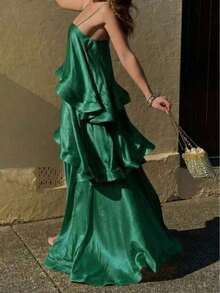 Women's Summer Satin Tiered "Cake" Dress - Casual, Loose-Fit, Vacation-Style Spaghetti Strap Sundress - Verde - Ver 1