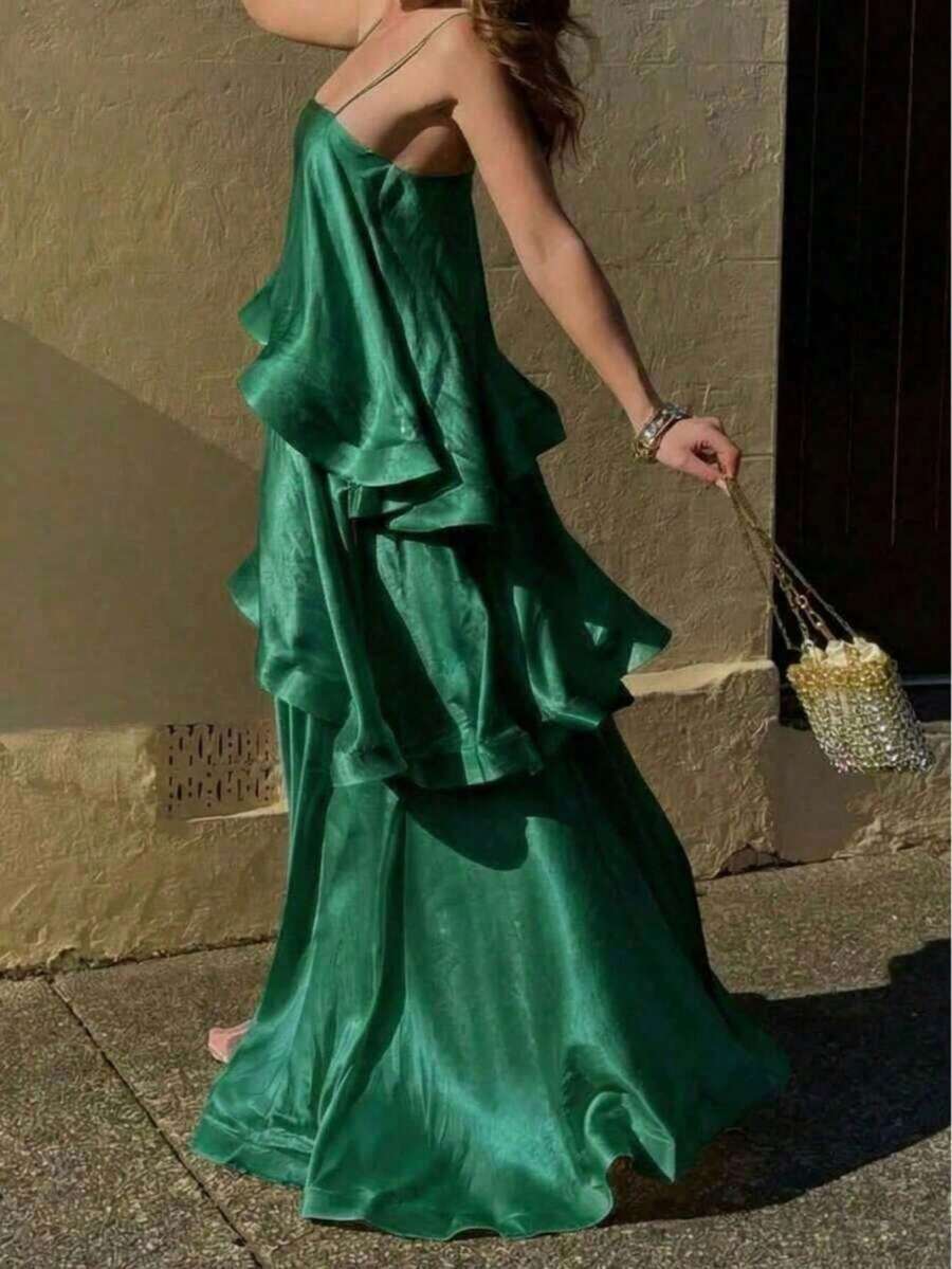 Women's Summer Satin Tiered "Cake" Dress - Casual, Loose-Fit, Vacation-Style Spaghetti Strap Sundress - Verde - Ver 1